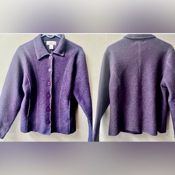 LISA INTERNATIONAL VINTAGE WOMENS PURPLE BUTTON SOWN 100% BOILED WOOL SIZE L - Picture 1 of 5